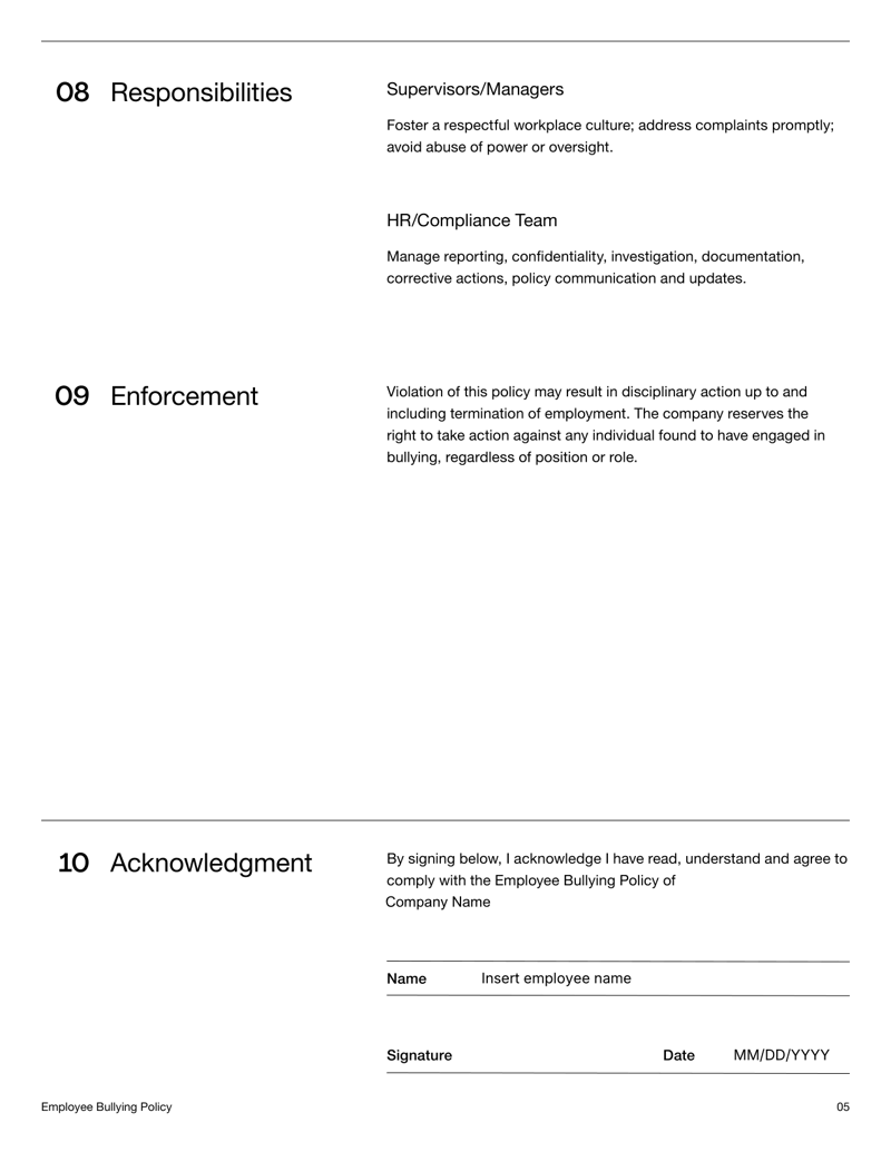 Employee Bullying Policy document outlining definitions, reporting procedures, support, enforcement and sign-off sections