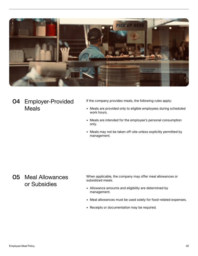 Employee Meal Policy defining meal breaks, allowances and workplace guidelines