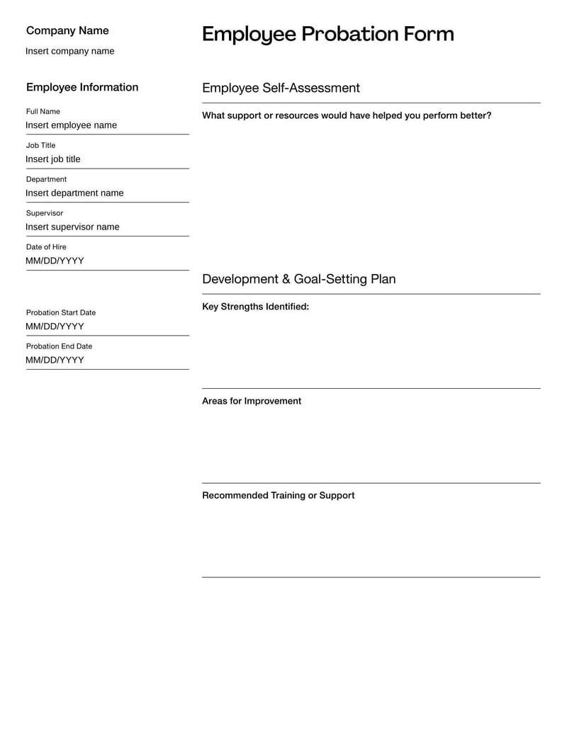 Employee Probation Form evaluating new hires' performance during initial employment period