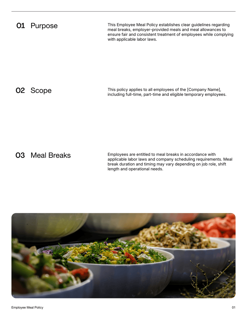 Employee Meal Policy defining meal breaks, allowances and workplace guidelines
