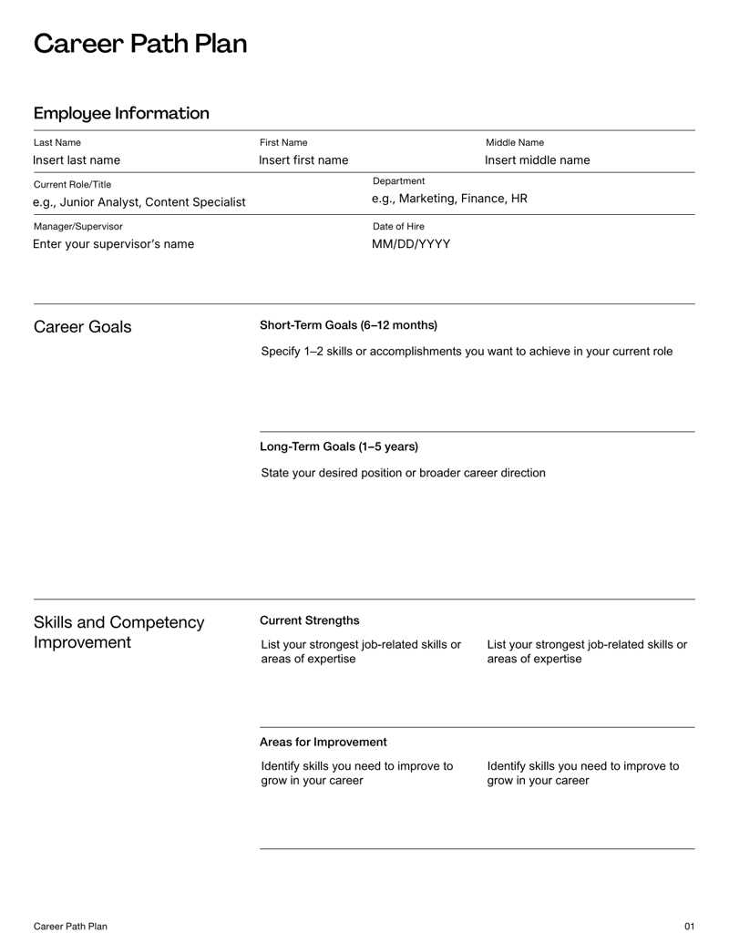 Career Path Plan with goal-setting, skill assessment and development tracking fields