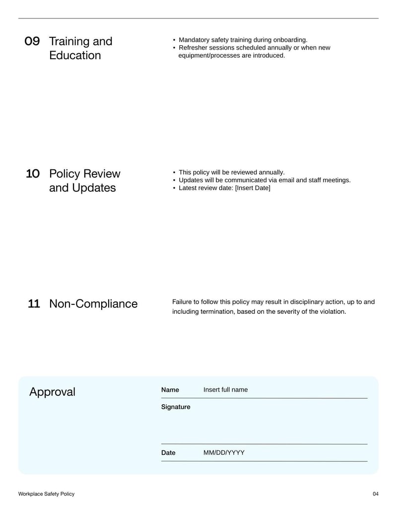 Workplace Safety Policy Template for defining safety procedures and responsibilities in the workplace