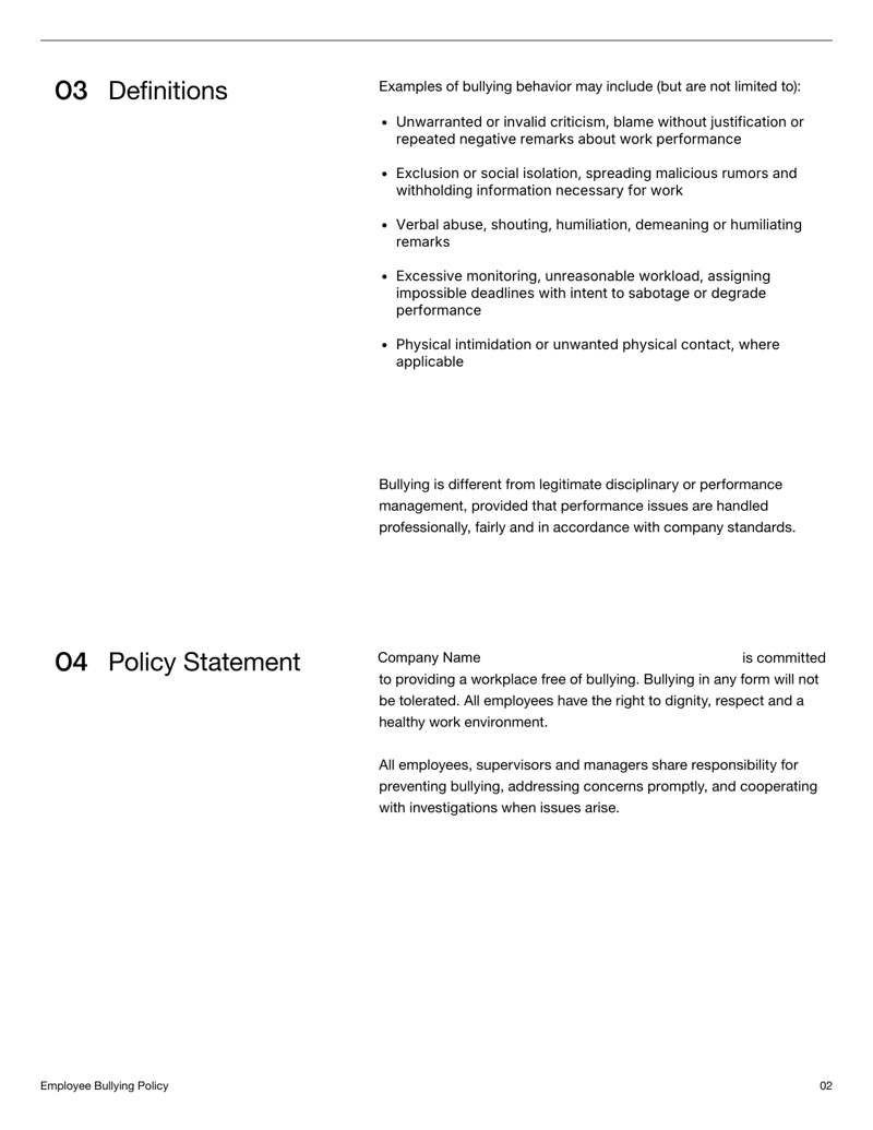 Employee Bullying Policy document outlining definitions, reporting procedures, support, enforcement and sign-off sections