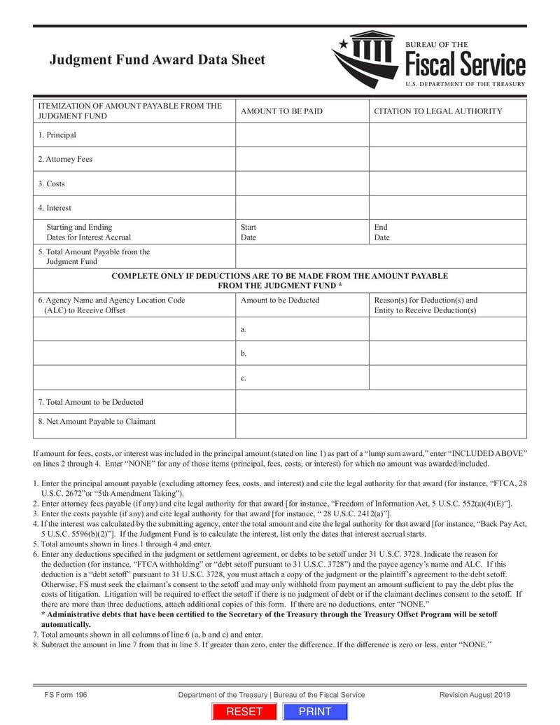 Large thumbnail of Form 196 Judgment Fund Award Data Sheet - Aug 2019