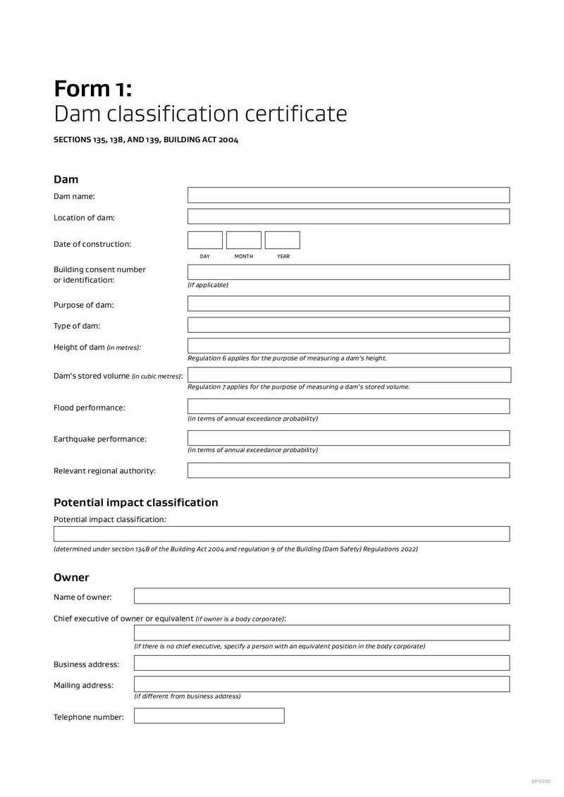 Large thumbnail of Dam Classification Certificate Form - May 2022