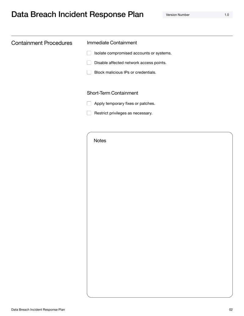 Data Breach Incident Response Plan template with sections for incident identification, containment, investigation, recovery and post-incident review
