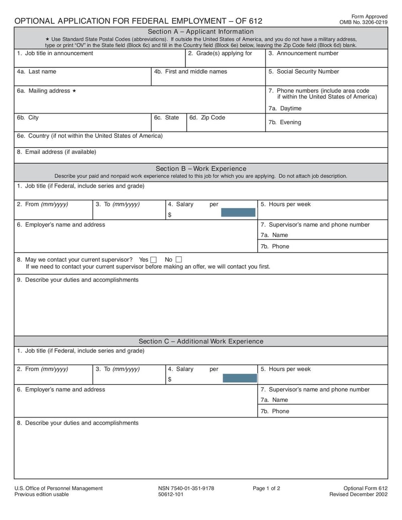 Large thumbnail of Optional Application for Federal Employment - Dec 2002