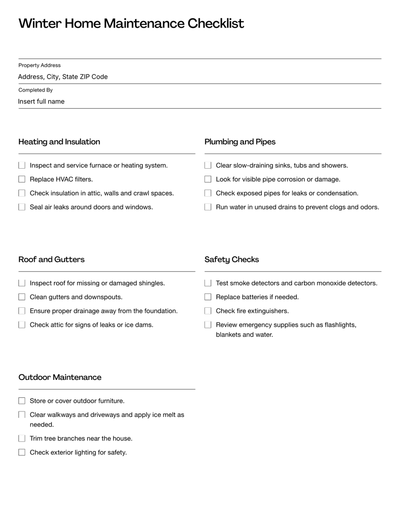 Winter Home Maintenance Checklist with sections for heating, plumbing, roof, safety and outdoor upkeep
