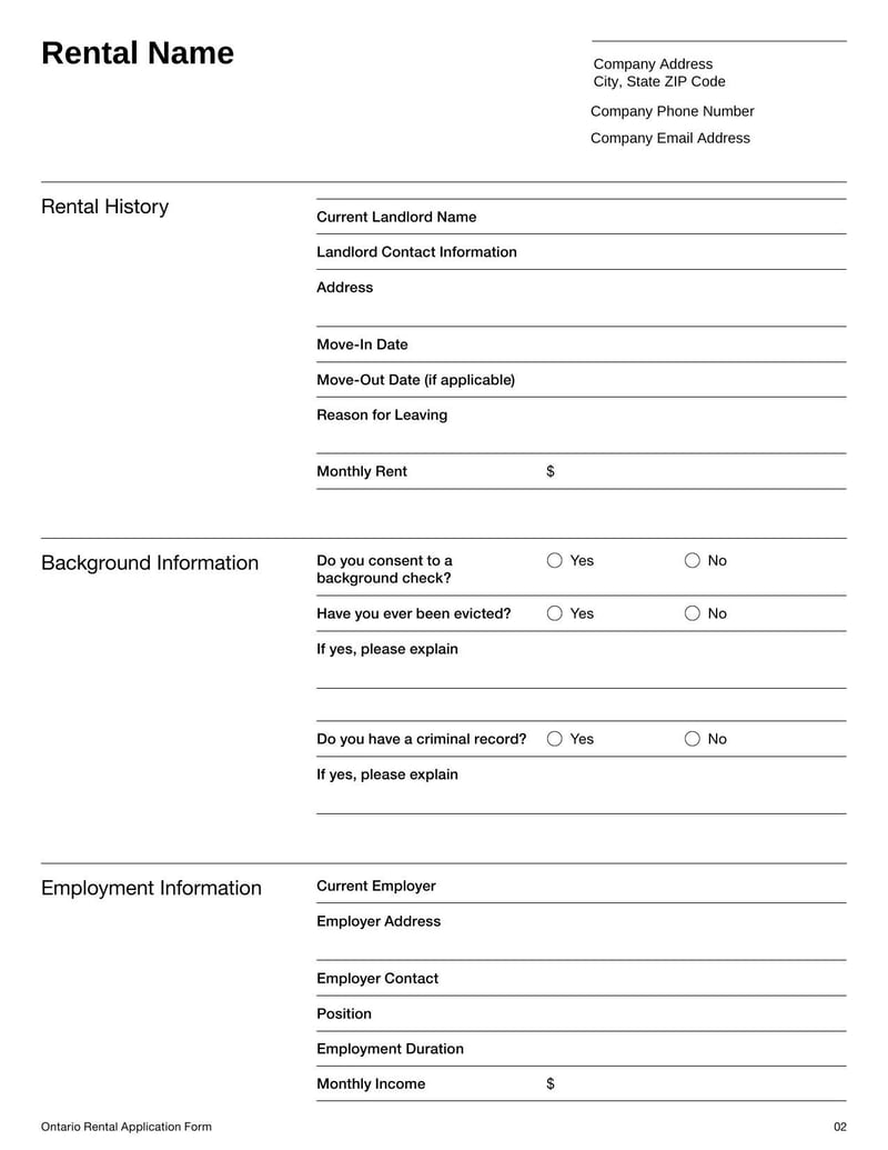 Rental Application Form Ontario for submitting tenant details in Ontario