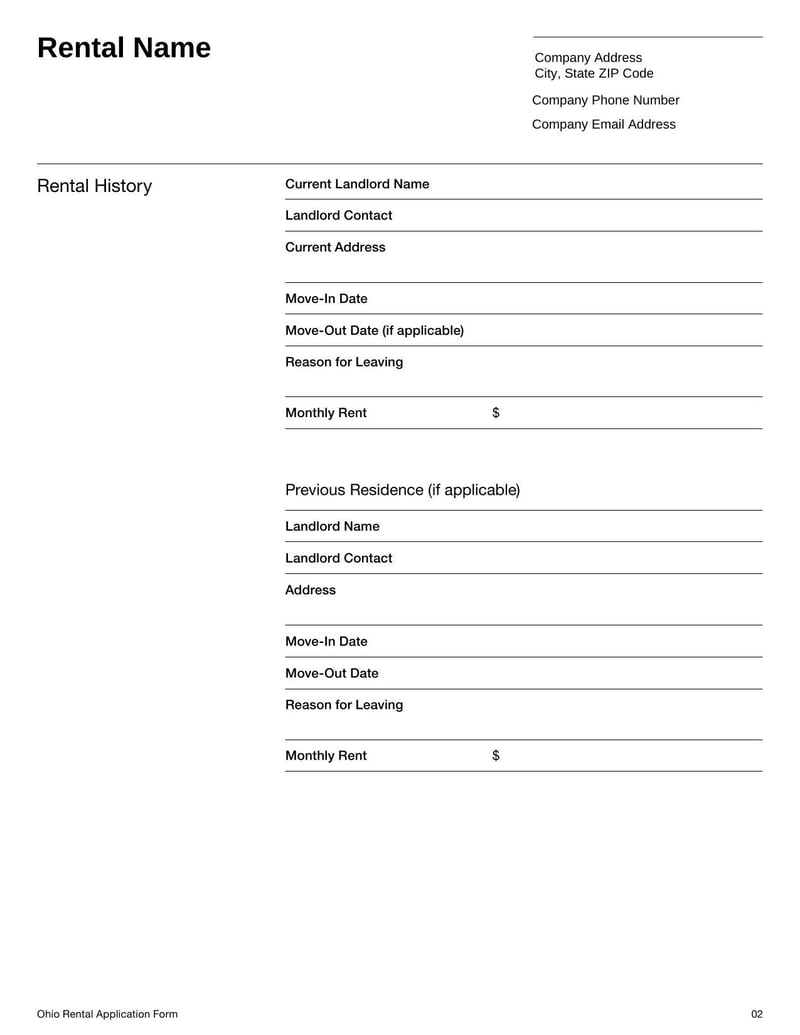 Rental Application Form Ohio for applying to lease residential property in Ohio
