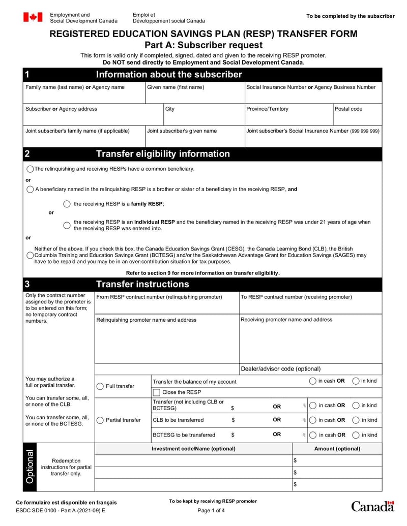 Registered Education Savings Plan (RESP) Transfer Form | Fill and 