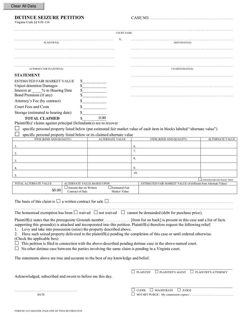 Large thumbnail of Virginia District Court Summons in a Civil Case Form DC-415 - Sep 2015