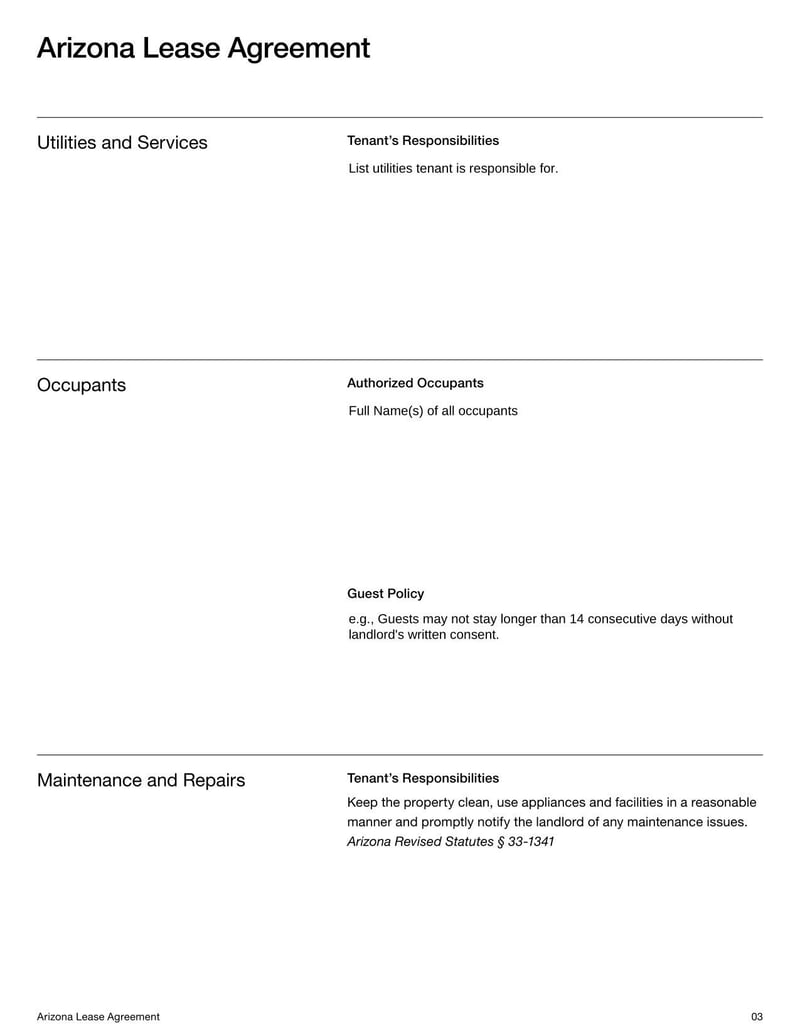 Arizona Lease Agreement for rental terms in Arizona