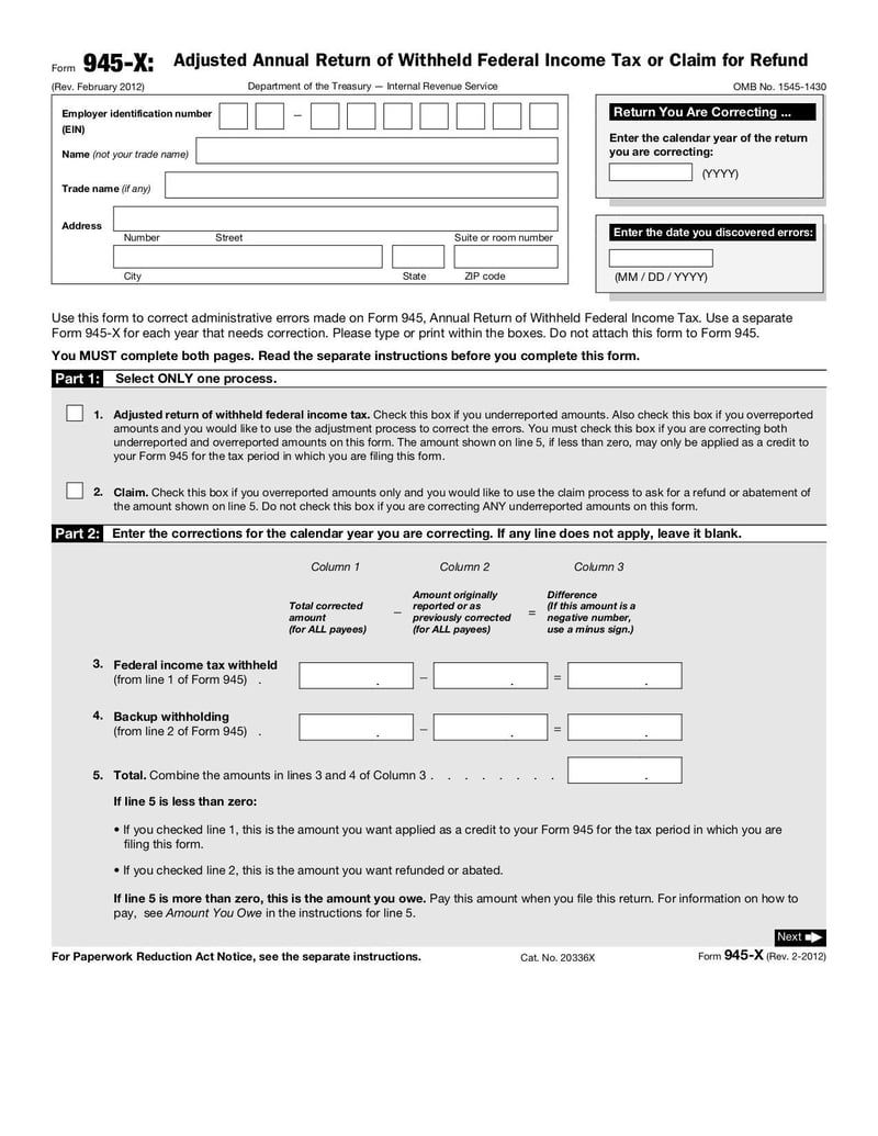 Large thumbnail of Form 945-X - Feb 2012