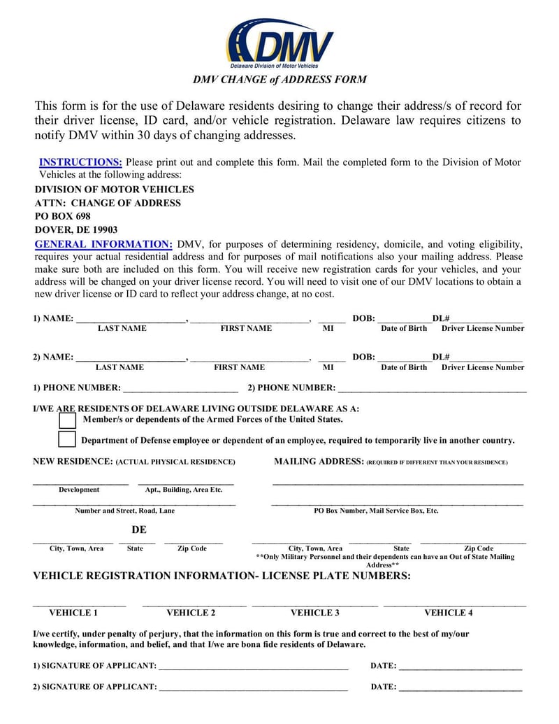Large thumbnail of Delaware Driver License/Identification Card Address Change Form - Feb 2021