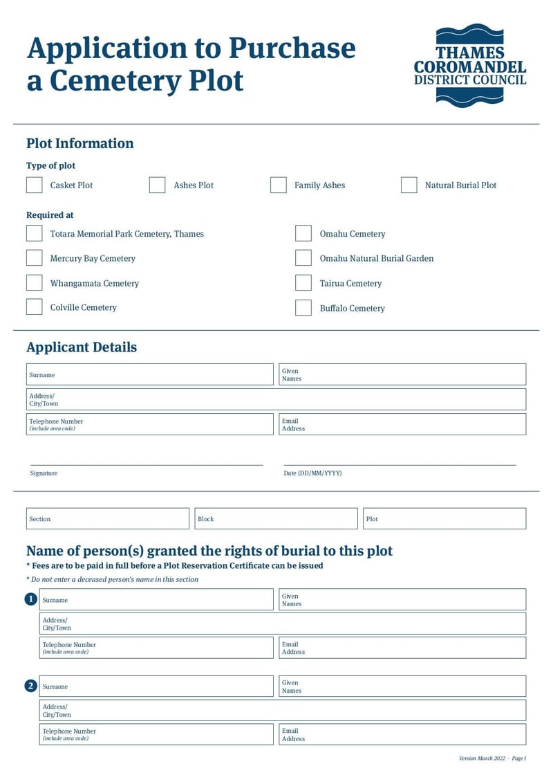 Application to Purchase a Cemetery Plot | Fill and sign online with Lumin for Free Printable Funeral Planning Declaration Form