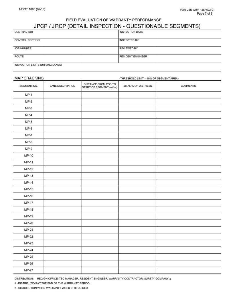 Large thumbnail of Form 1885 Field Evaluation of Warranty Performance JPCP/JRCP - Oct 2017