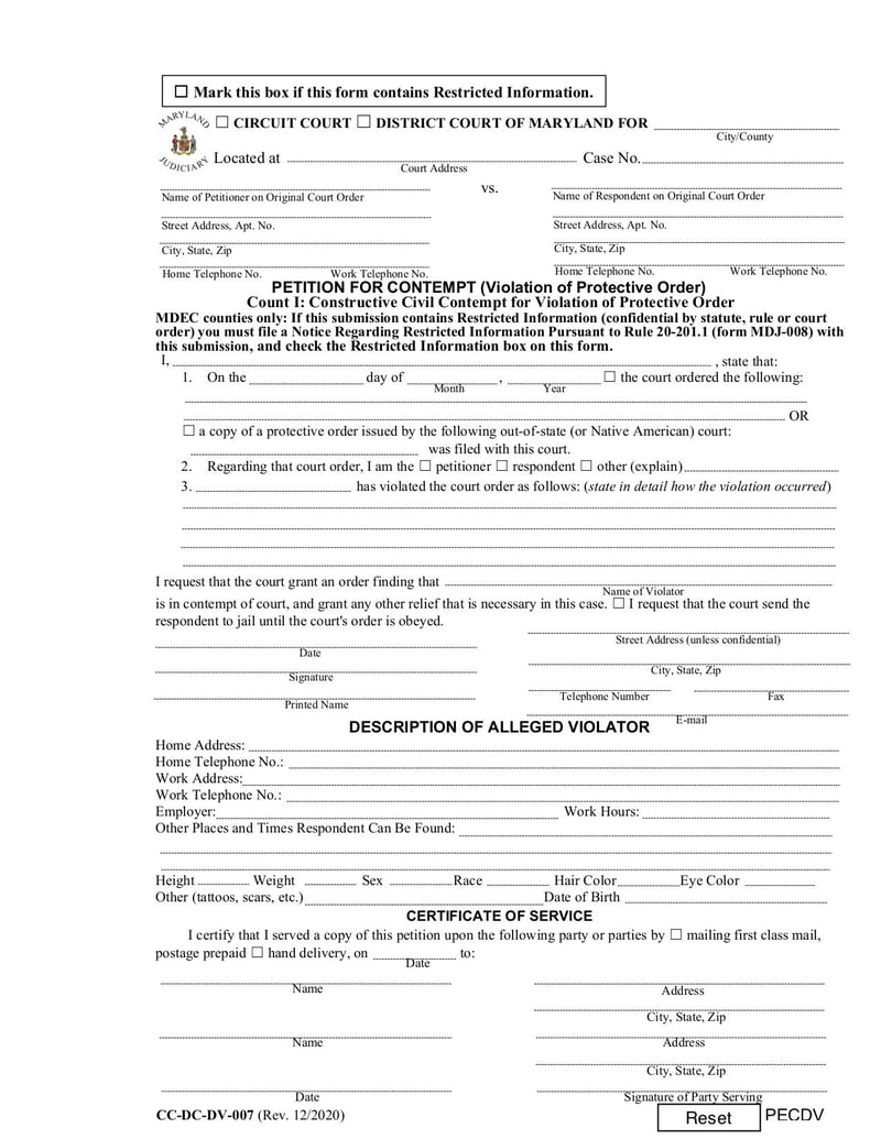 Large thumbnail of Petition for Contempt (Form CC-DC-DV-007) - Dec 2020