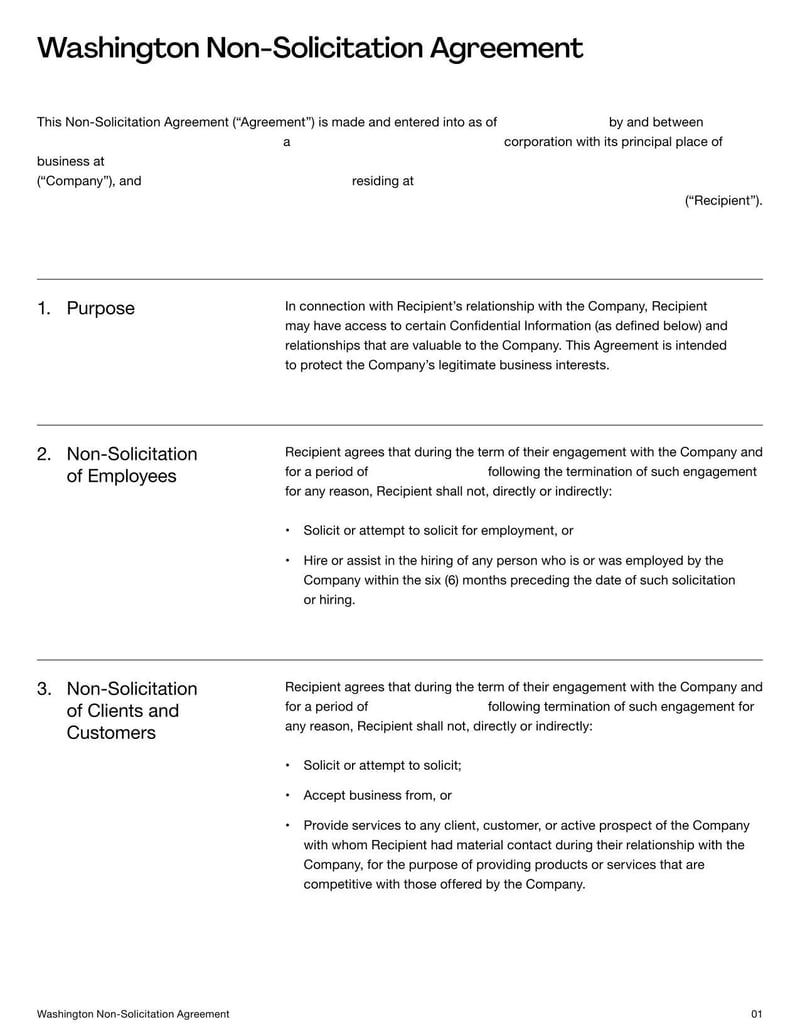 Non-Solicitation Agreement Washington State for preventing unfair solicitation of employees or clients