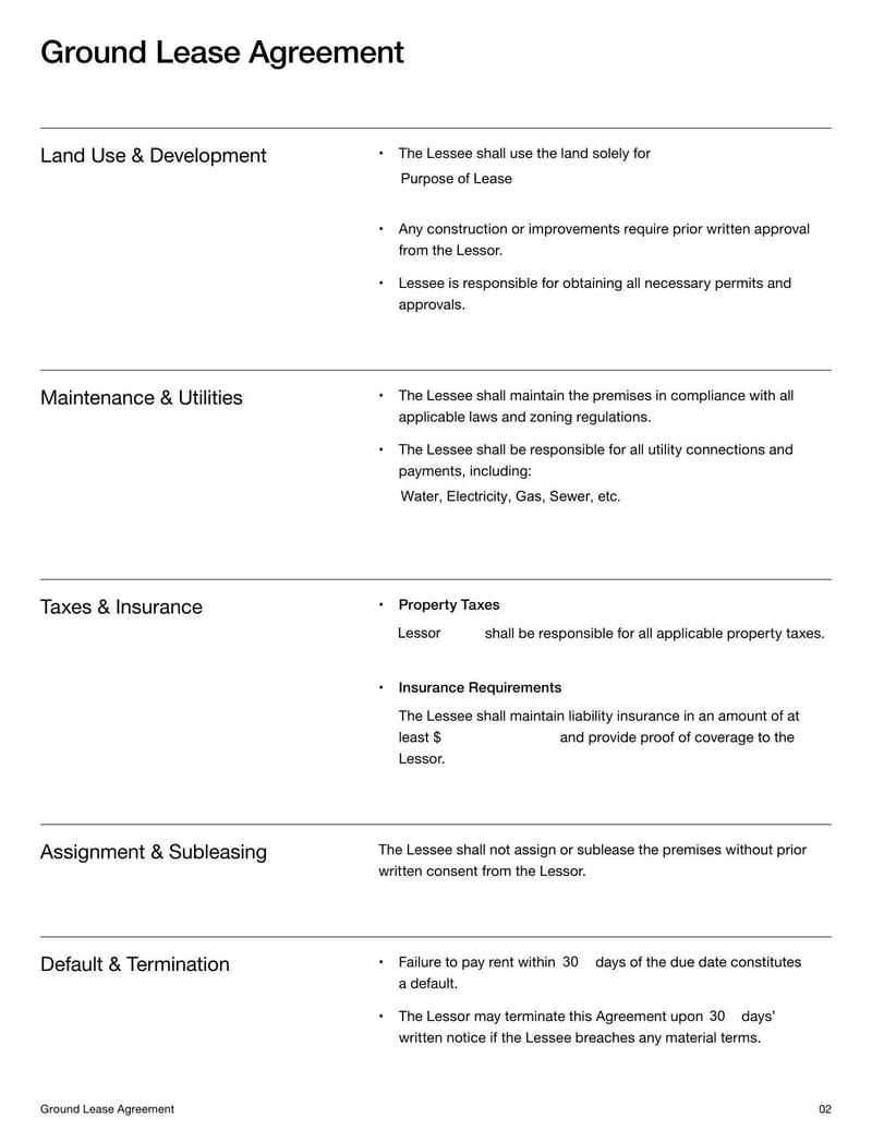 Ground Lease Agreement for leasing land while allowing the tenant to develop and use the property