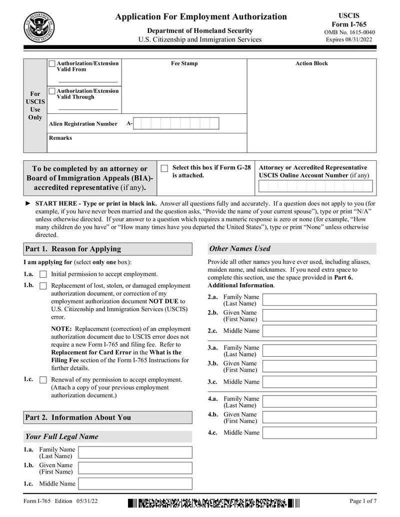 Thumbnail of Form I-765 - Oct 2022 - page 0