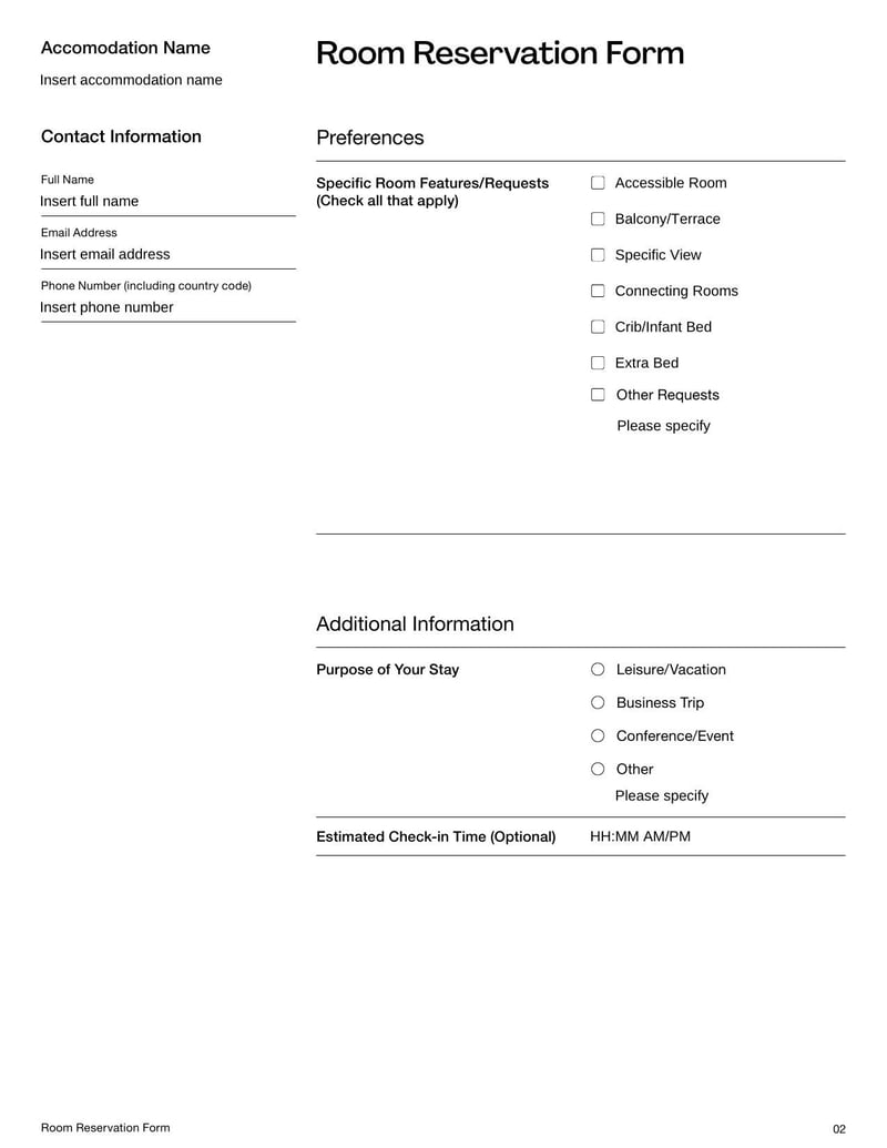 Room Reservation Form for booking a space for meetings, events, or lodging with specified dates and times