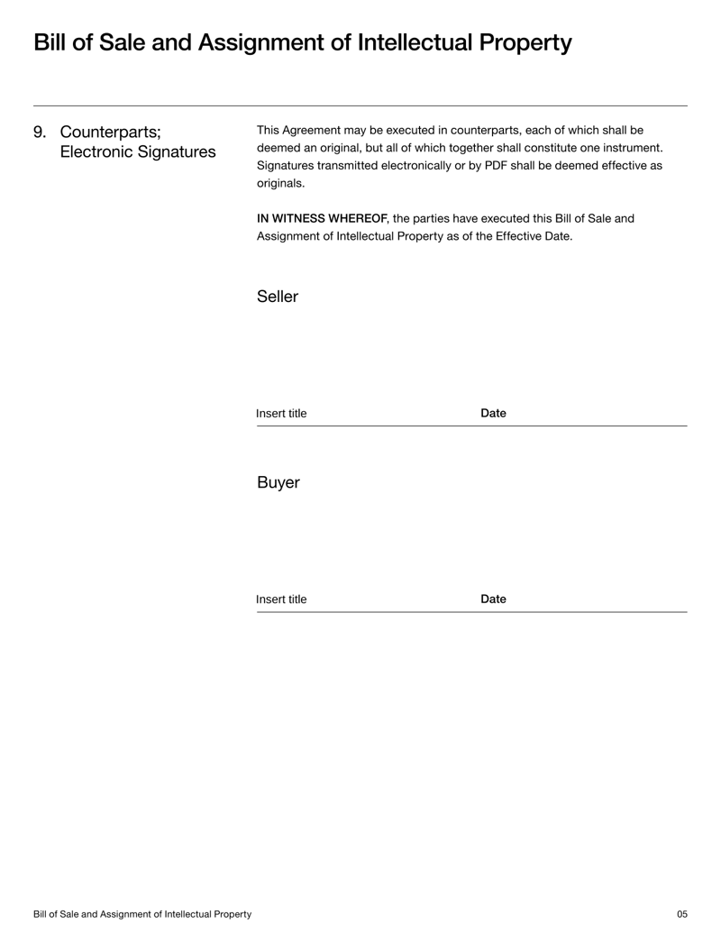 Bill of Sale for Intellectual Property template outlining the transfer of IP rights between parties