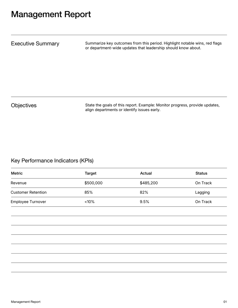 Management Report for summarizing business metrics, financials and departmental updates