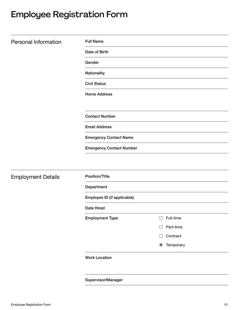 Employee Registration Form used to collect onboarding information for HR and payroll setup