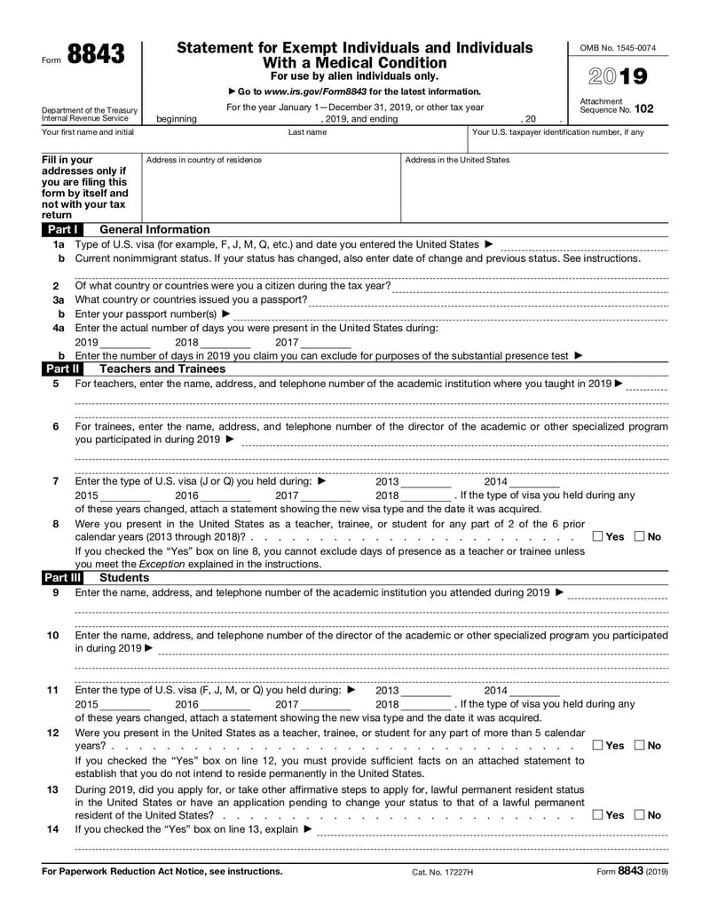 Large thumbnail of Form 8843 - Nov 2019