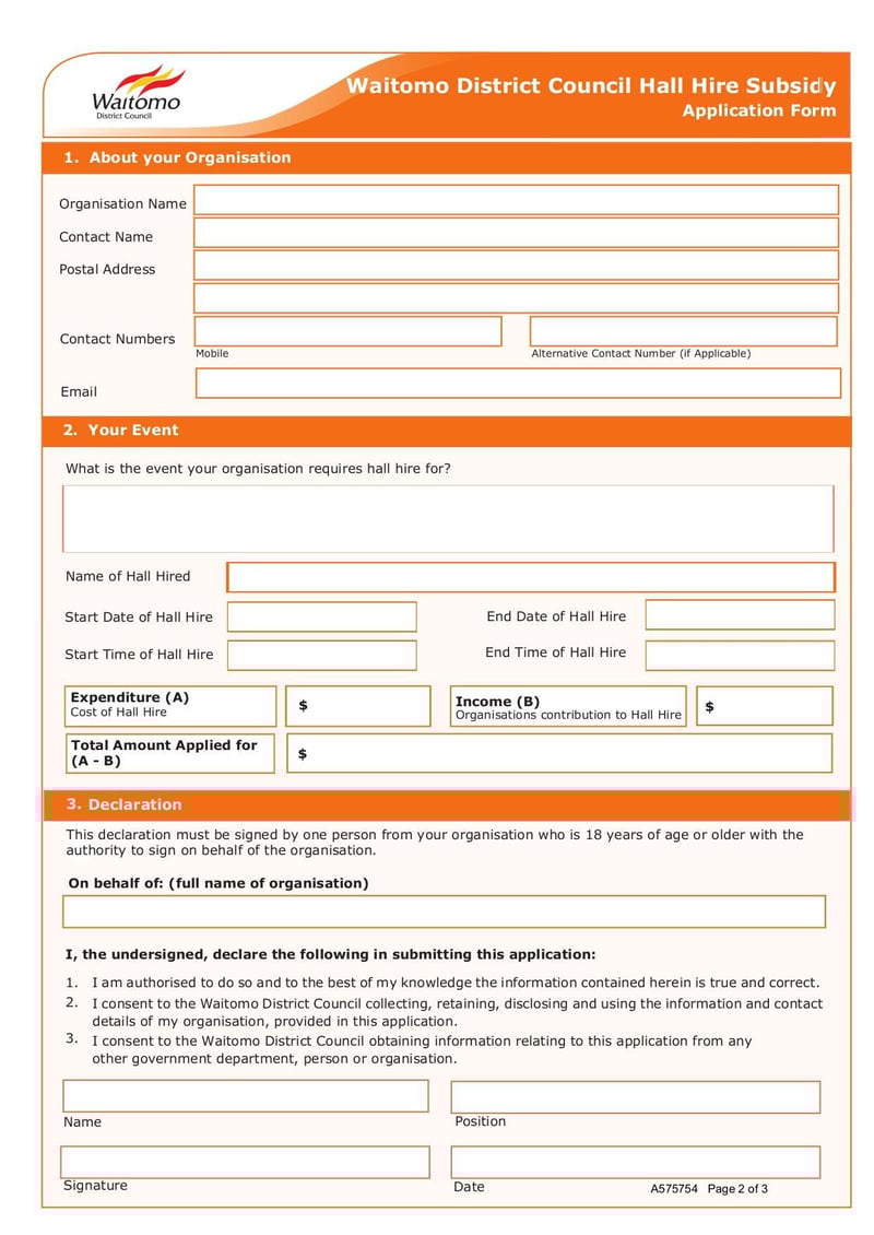 Large thumbnail of Hall Hire Contribution Application Form A575754 - Jul 2023
