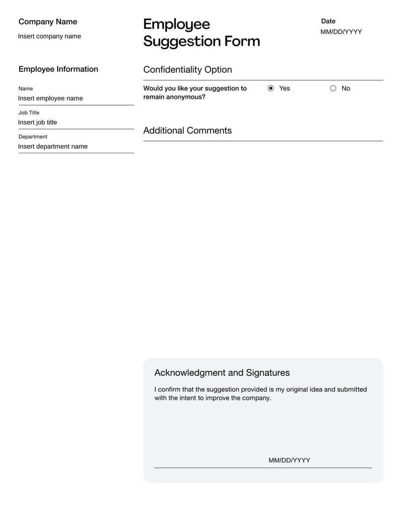 Employee Suggestion Form for submitting ideas to improve workplace processes, policies, or culture