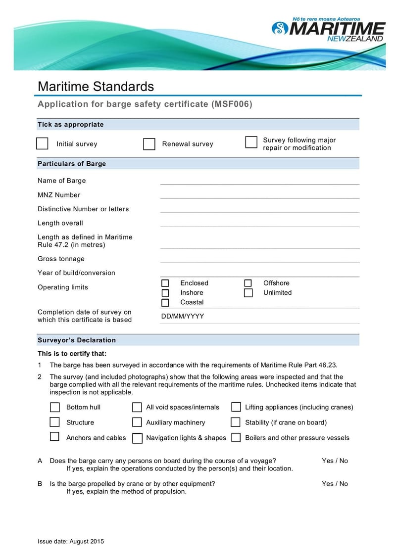 Large thumbnail of Application for Barge Safety Certificate (MSF006) - Aug 2015