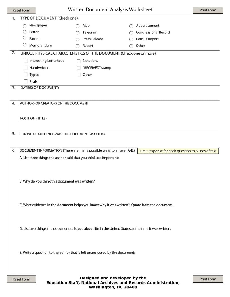 Large thumbnail of Washington Written Document Analysis Worksheet