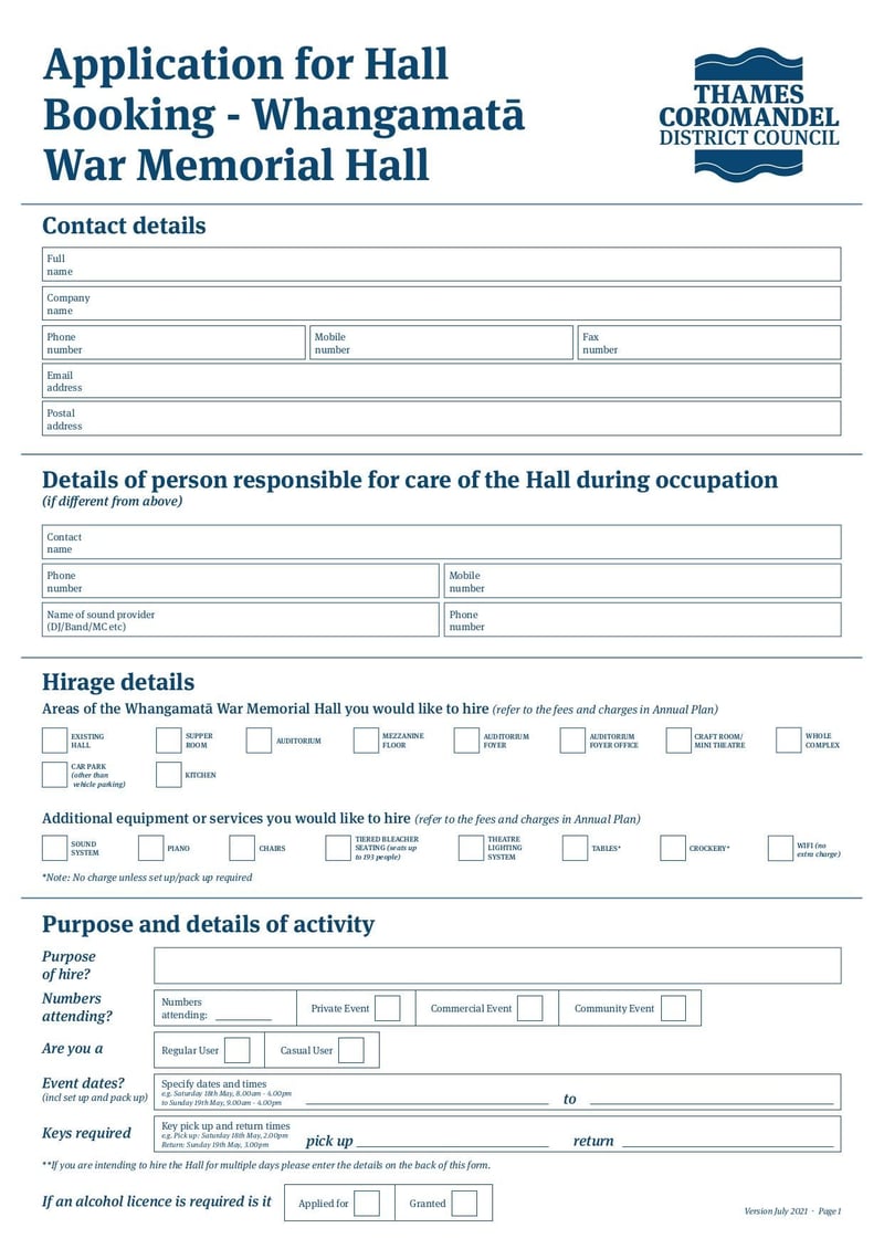 Large thumbnail of Whangamata War Memorial Hall Hire Application Form - Jul 2021