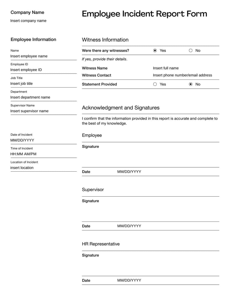 Employee Incident Report Form for documenting workplace accidents, misconduct, or safety concerns