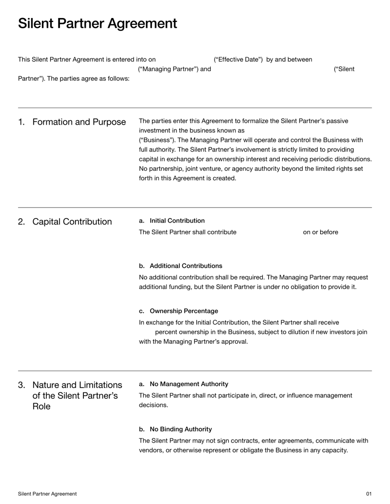 Silent Partner Agreement defining investment terms, partner roles, liability limits and profit distribution