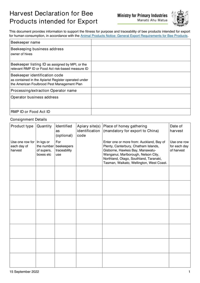 Large thumbnail of New Zealand Harvest Declaration for Bee Products Intended for Export
