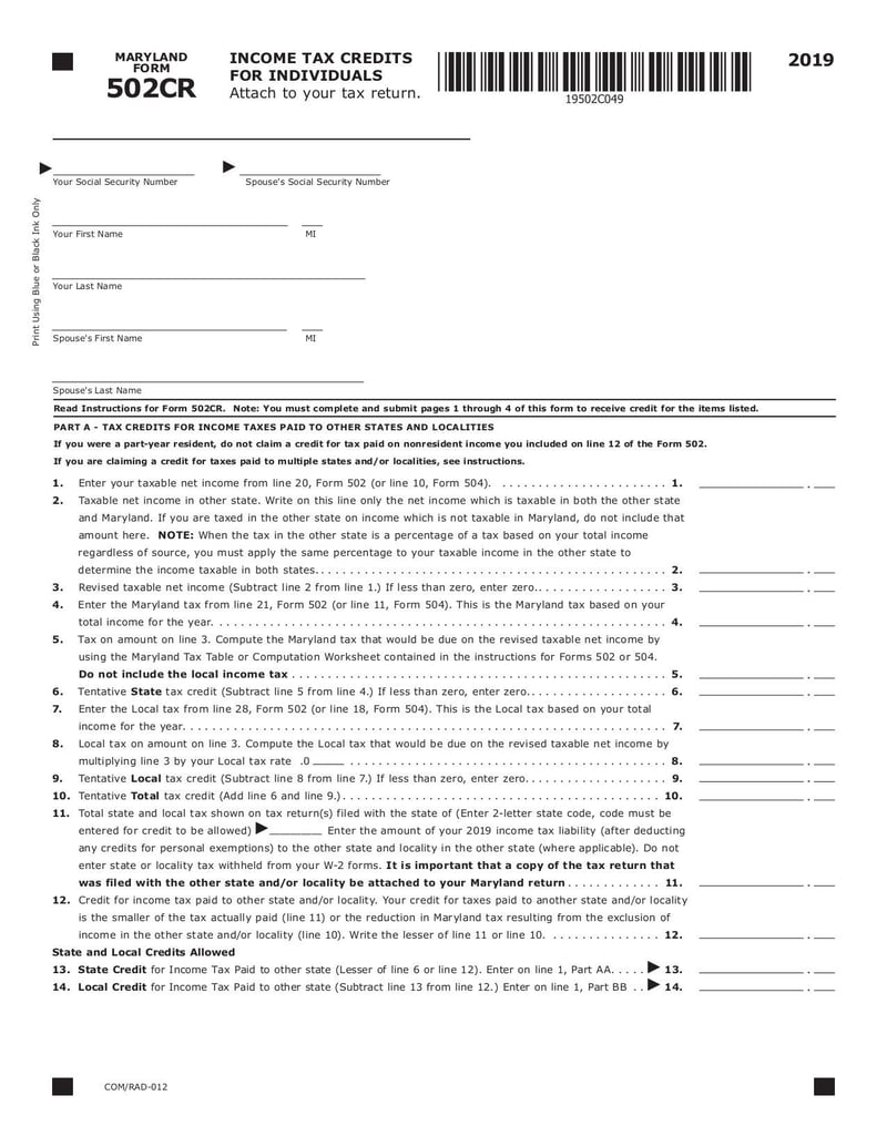 Thumbnail of Maryland Form 502CR - Dec 2019 - page 0