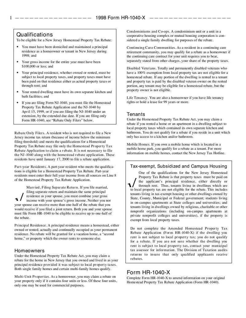 Large thumbnail of Form HR-1040-X - Jan 1998