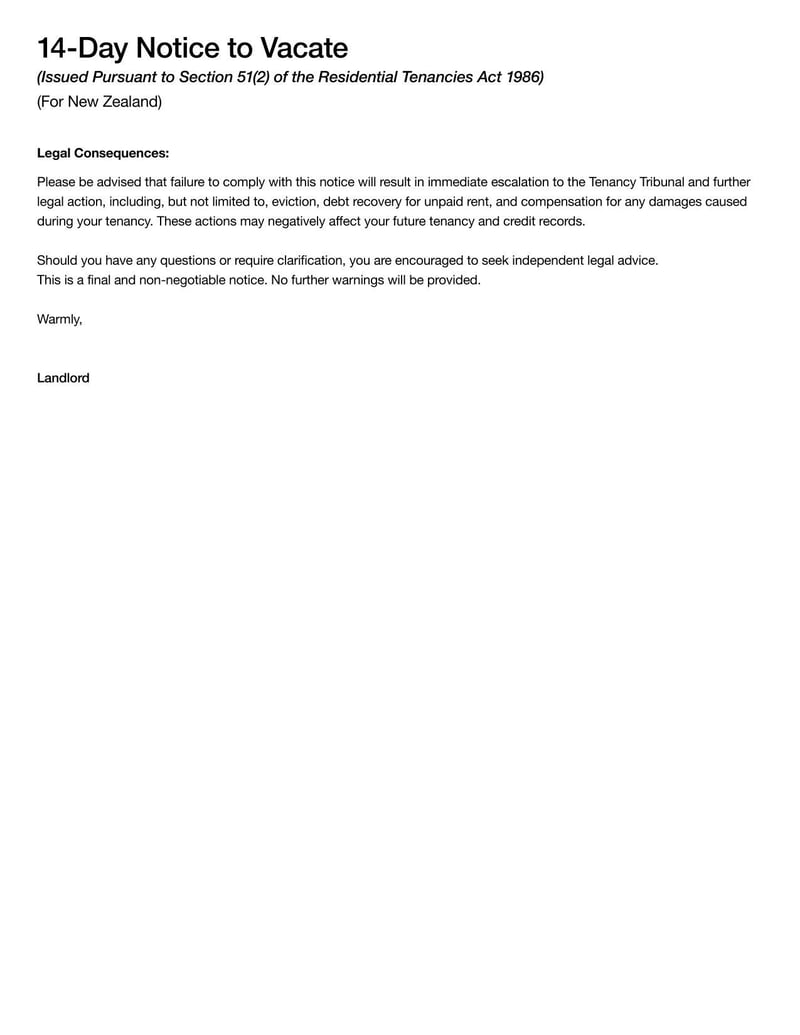 14-Day Notice To Vacate For New Zealand for notifying tenants of required vacancy due to breach or other causes