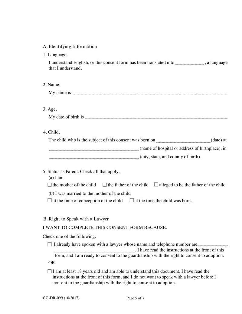 Large thumbnail of Consent of Parent to a Private Agency Guardianship (Form CC-DR-099) - Oct 2017