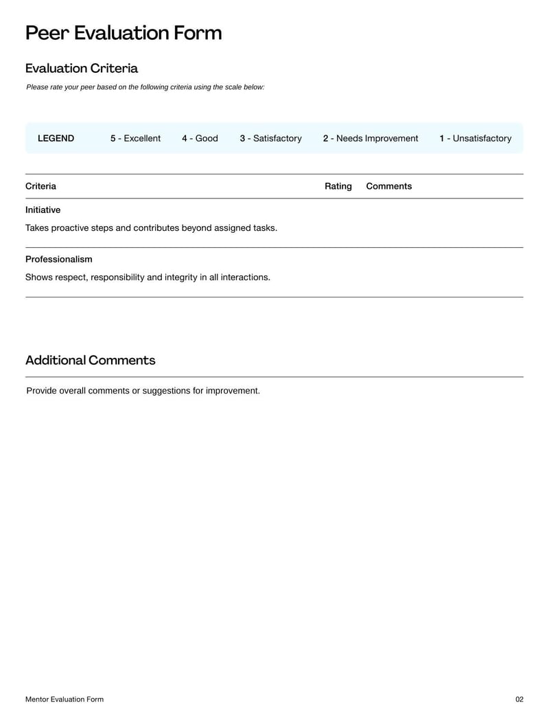 Peer Evaluation Form for assessing a colleague’s performance, collaboration, and contributions