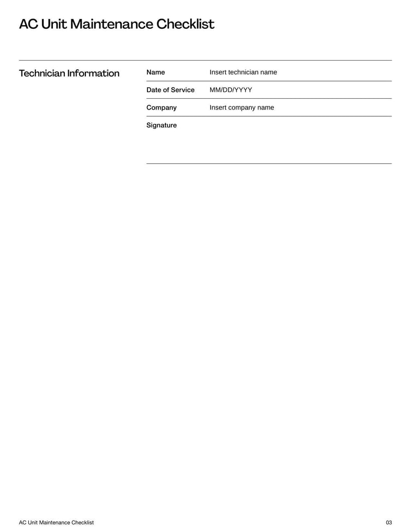 AC Unit Maintenance Checklist for tracking regular air conditioning servicing tasks