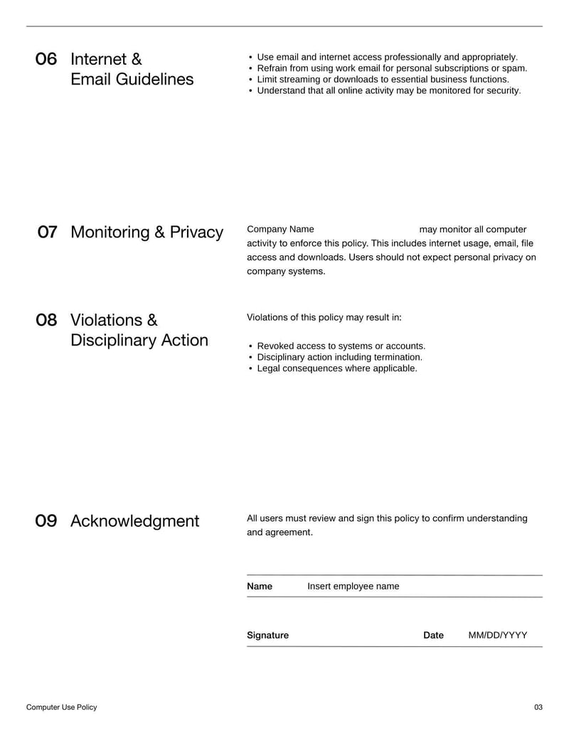 Computer Use Policy for explaining rules on proper and secure use of company computers and technology