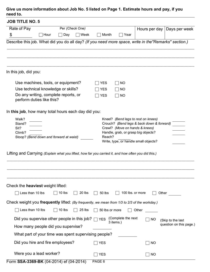 Large thumbnail of Work History Report (Form SSA-3369-BK) - Dec 2014