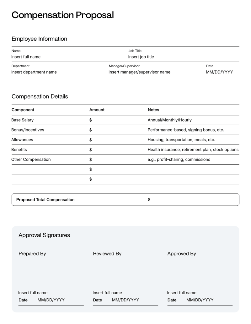 Compensation Proposal Template with sections for salary, benefits and performance-based incentives