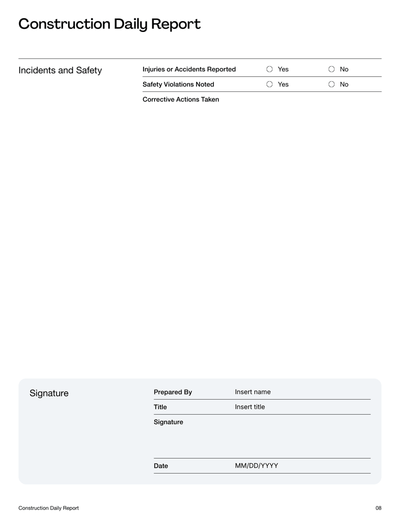 Construction Daily Report with sections for project details, workforce, work performed, equipment, materials, issues and safety reporting