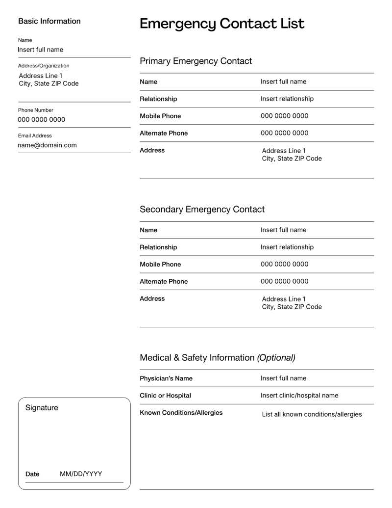 Emergency Contact List with sections for contact details, primary and secondary emergency contacts and optional medical information
