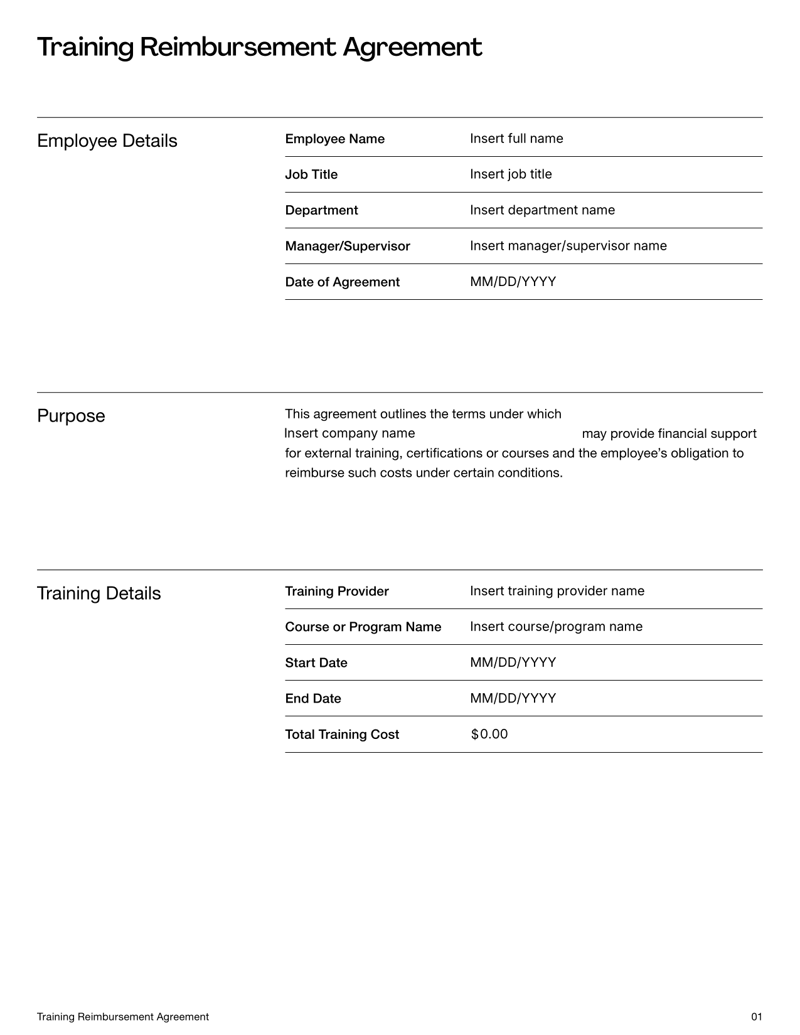 Training Reimbursement Agreement Template with repayment terms for employer-funded training